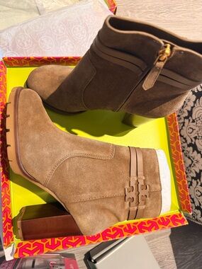 Tory Burch Camel Suede Block Heel Ankle Boots